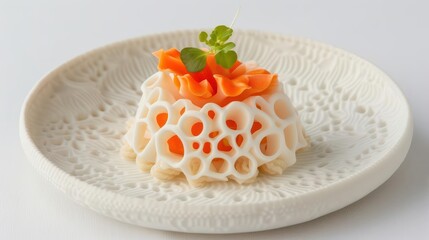 3Dprinted food creates intricate and customizable dishes, allowing for artistic culinary presentations and personalized nutrition in an innovative way, with copy space