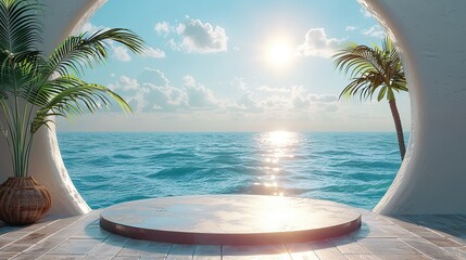 Obraz premium podium for product display on background of sea with palm tree branches.image