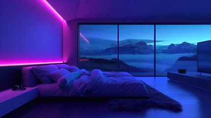 A smart home with walls that display holographic nature scenes and adapt lighting to your mood, creating a personalized and immersive living environment, with copy space