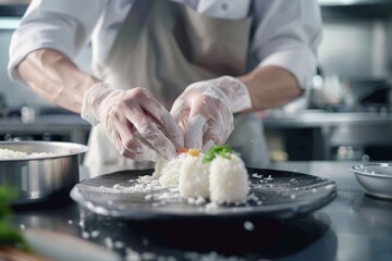 Chef preparing sushi rice balls in a kitchen