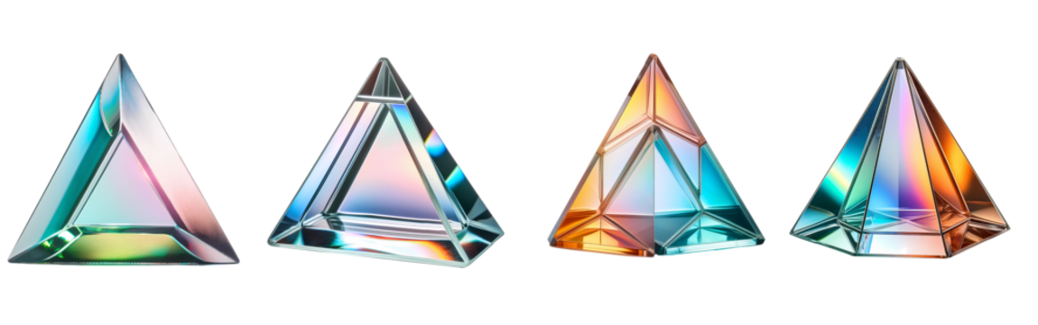 Four triangular glass pieces with different colors and patterns isolated - Powered by Adobe