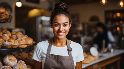 Young Hispanic woman bakery owner standing in front of a bakery.