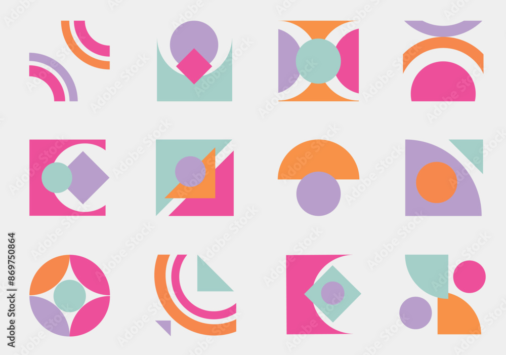 Poster set of abstract retro geometric shapes in flat cartoon design. a set of dynamic illustrations with a