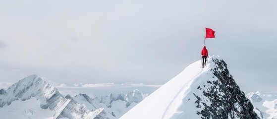 AIdriven climbing gear communicates with red flags on mountain peaks, guiding climbers with precision and enhancing their safety through technological integration, with copy space