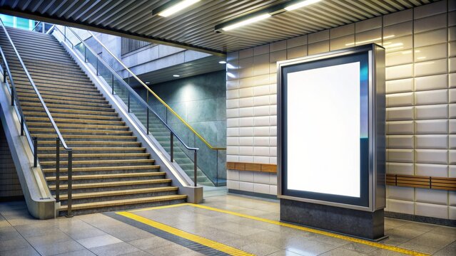 Billboard template by stairs in underpass digital display at train station blank billboard, mockup, OOH, transit advertising, urban.