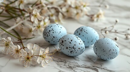 Obraz premium marble background with a bunch of blue eggs,white flowers happy easter.image