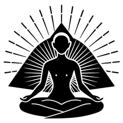 A woman is seated in a crosslegged posture facing a pyramid