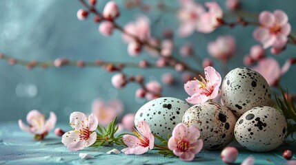 Obraz premium elegant easter eggs with spring flowers on pastel blue background vertical flat lay top view.stock image