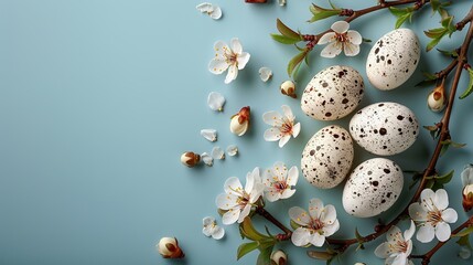 Obraz premium elegant easter eggs with white flowers on pastel blue background flat lay top view copy space.image