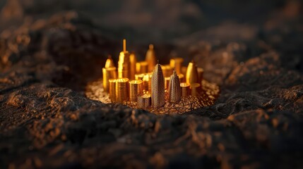 An underground city powered by energy generated from gold coins, transforming traditional currency into a futuristic power source, with copy space