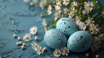 Obraz premium blue marble easter eggs with flowers on pastel blue background.image