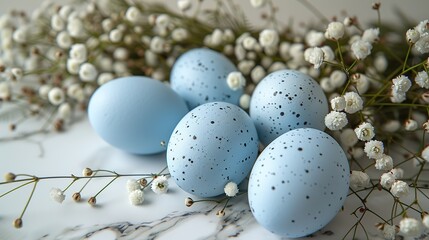 Obraz premium easter holiday decorations with blue eggs,flowers on marble table top view flat lay.stock image