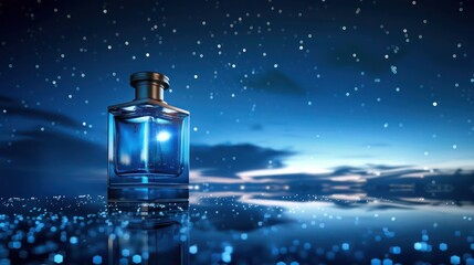 A luxury perfume bottle on a mirrored surface reflecting a starry night sky, creating a dreamy and opulent fragrance presentation