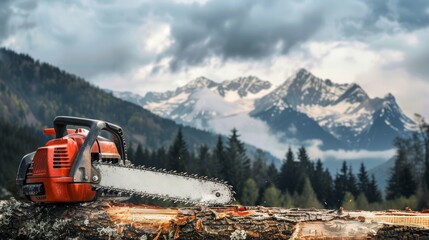 Durable Chainsaw on Rugged Mountainous Background for Outdoor and Logging Equipment Advertising