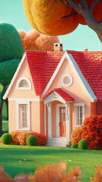 Animated cartoon of a cosy house next to a forest, idyllic and colorful scenery of autumn. AI generated