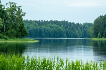 Peaceful Lake Surrounded by Dense Forest. Lake Vaidava