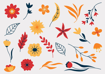 Obraz premium Set of hand drawn floral design elements in flat cartoon design. A set of stylized flowers and leaves with pleasant shades and color scheme can be a decoration of any design. Vector illustration.