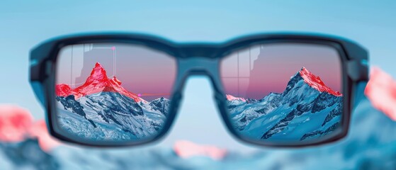 Augmented reality glasses project a virtual red flag on mountain peaks