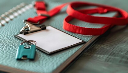 Student ID card and lanyard on a notebook, empty background, back to school, identity, school essentials