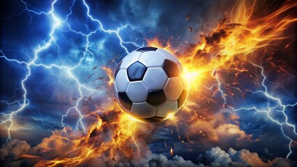 Fototapeta premium Dramatic dark blue night sky filled with fiery lightning bolts surrounding a blazing soccer ball engulfed in flames.
