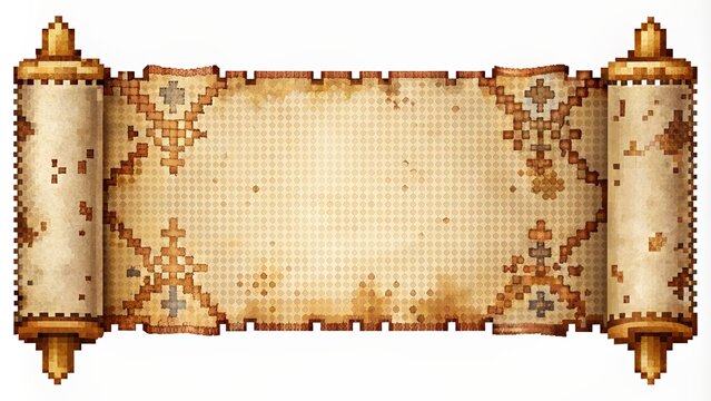 Ripped and torn parchment banner with vintage scroll ribbon, adorned with ornate pixel art, reminiscent of an ancient manuscript template.