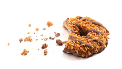 Sweet and Sticky Coconut Caramel Fudge Striped Cookies Isolated on a White Background