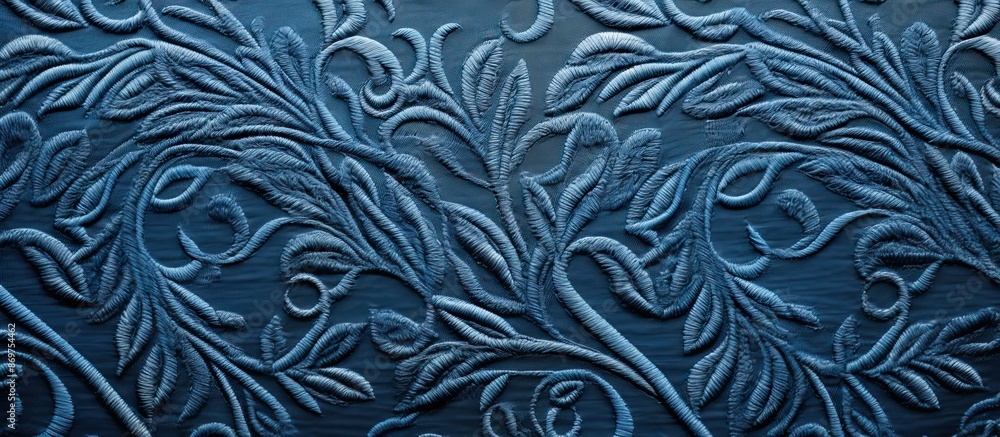Aufkleber Close-up image of a blue wool texture with intricate needlework on a natural fabric background, conveying a handmade concept with copy space image.