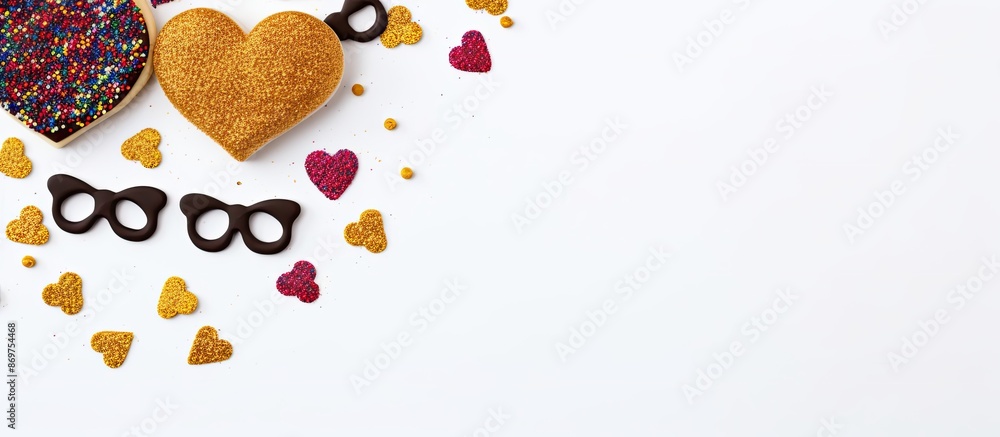 Poster father's day concept with cookies shaped as i love dad in chocolate and colorful sprinkles on a whit