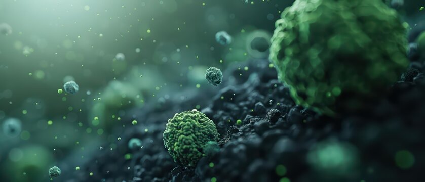 Bioengineered microorganisms break down rock and soil to release valuable minerals, offering an ecofriendly and futuristic approach to mining, with copy space