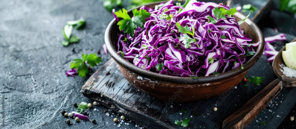 Poster crunchy shredded cabbage mix with fresh greens for an appealing dish with copy space image.