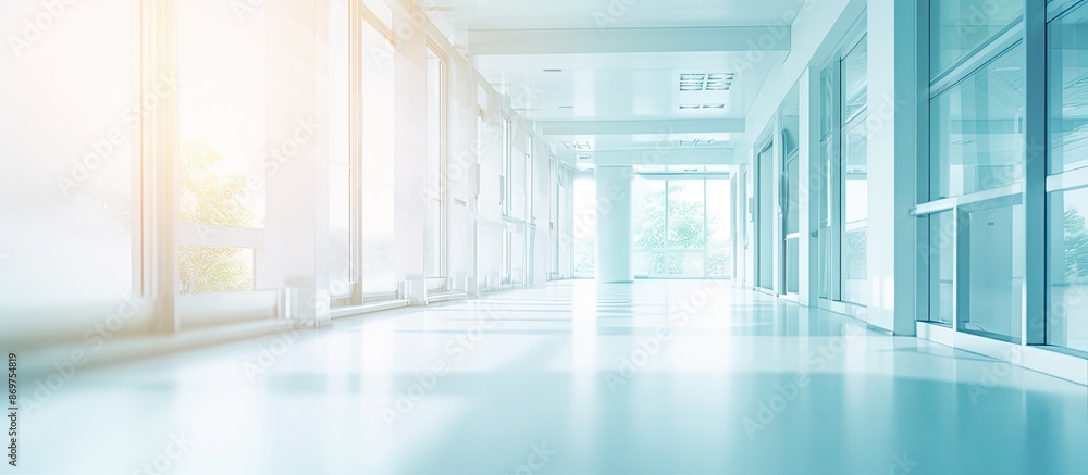 Poster Luxurious hospital corridor with abstract blur effect, creating a defocused clinic interior background for a healthcare and medical concept with copy space image.