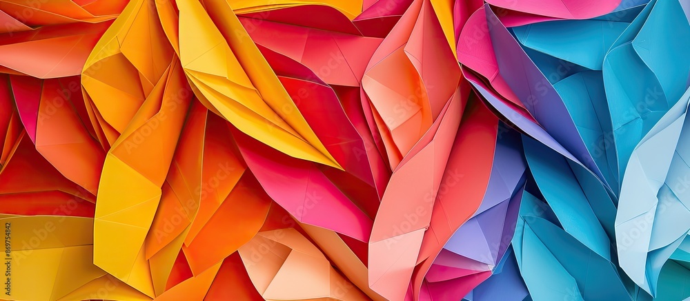 Fototapete abstract graphic with a colorful origami pattern created from curved paper sheets, with a copy space