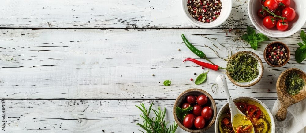 Poster white wood table displaying mediterranean food ingredients with a copy space image.