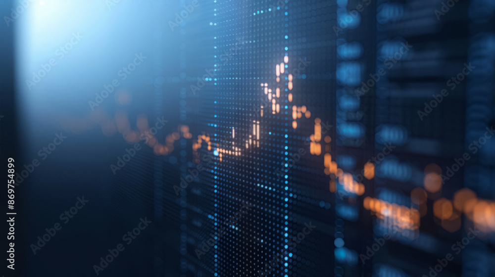 Poster a glowing stock market graph displaying rising trends and data points on a screen, indicating financ