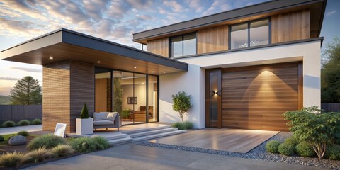 Fototapeta premium Empty white signage on wooden door of large patio in 3d rendered modern home. ,house, patio, modern design, exterior rendering, blank sign