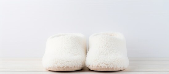 White cozy slippers displayed against a white backdrop with space for text or images.