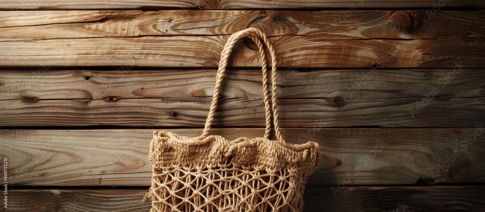 Poster eco-friendly string bag on a wooden surface with copy space image.