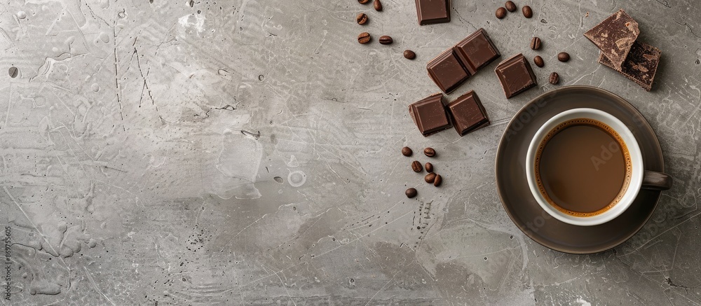 Poster coffee cup and chocolate candy on a concrete surface with empty space for writing or image.