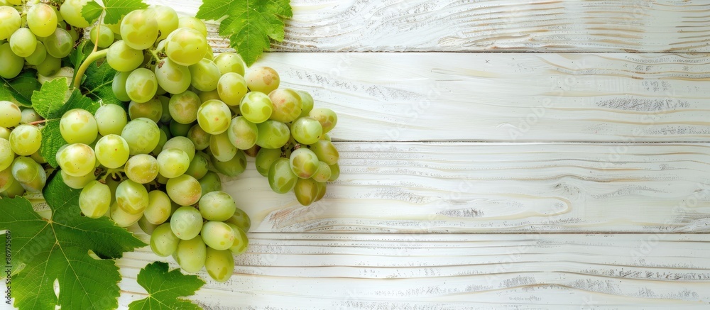 Aufkleber fresh white grapes on a white wooden surface with a top view, providing ample copy space image.