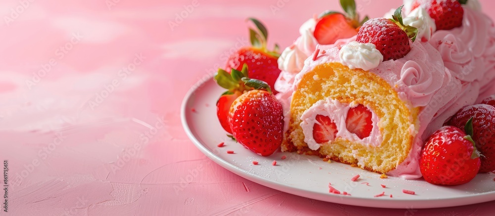 Poster strawberry swiss roll cake displayed on a white plate with a pink hue, against a background suitable