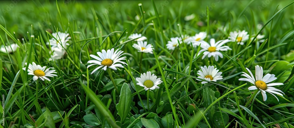 Poster Daisies blooming in the lush green grass with an inviting copy space image for text or graphics.