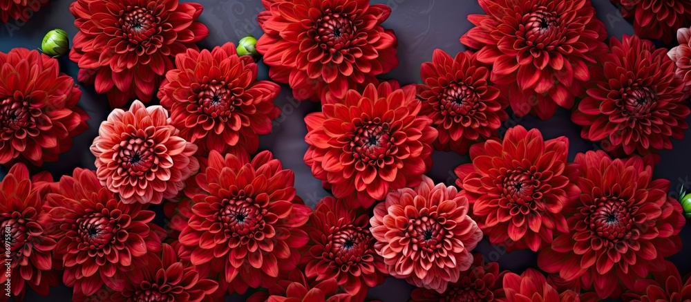 Poster a vibrant display of red chrysanthemums arranged in a flower shop against a seamless pattern backgro