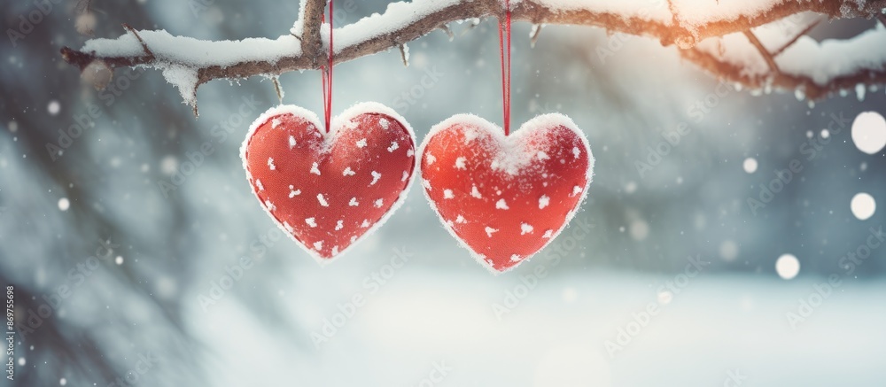 Leinwandbilder a pair of artistic red and white handmade hearts dangle from a snow-covered fir branch in the forest