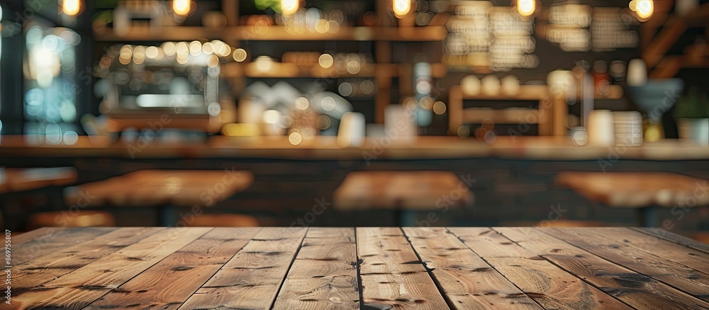 Aufkleber Empty brown wooden table with selective focus and coffee shop background blurred for a product display montage with copy space image.