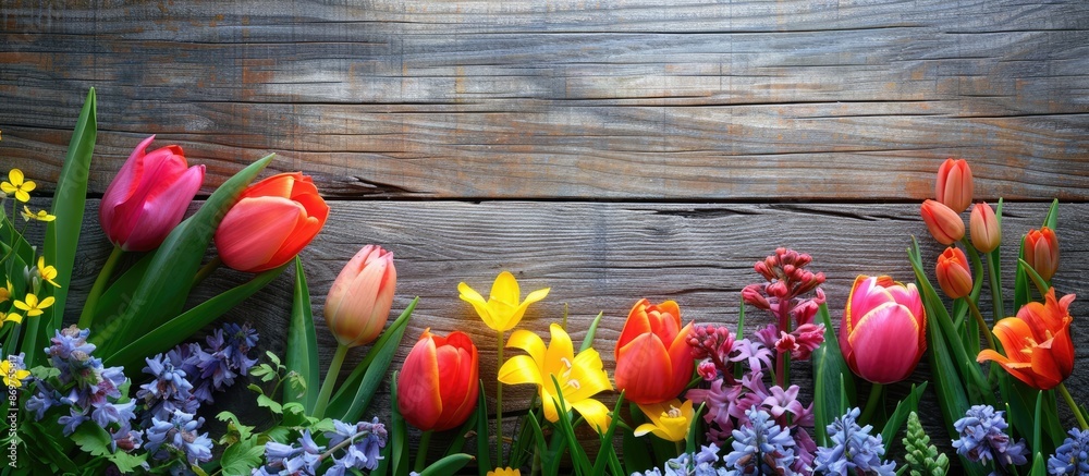 Canvas Prints Celebrate Easter with vibrant flowers against a rustic wooden backdrop, featuring copy space image.