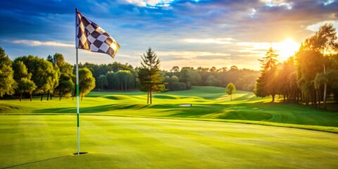 Flag on Green at Golf Course Banner with Copy Space, Golf, Course, Flag, Banner