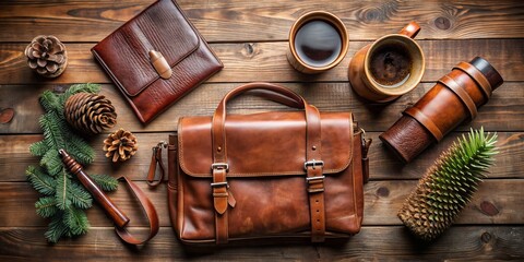 Flat Lay Brown Leather Bag on Rustic Wood with Coffee and Pine Cones