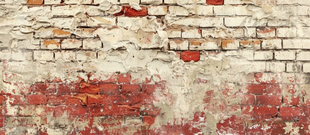 Poster Background texture of an aged red and white brick wall with chipped plaster, providing a rustic appearance for a copy space image.