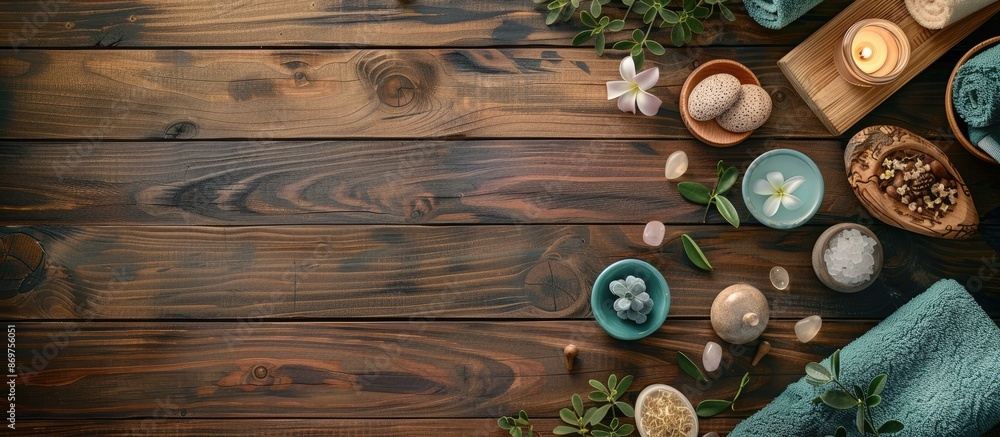 Poster Spa elements arranged attractively on a wooden surface with ample copy space image.