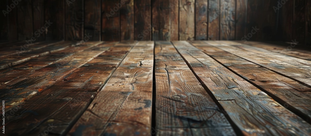 Poster Rustic, grungy wooden floor serves as a background with an empty space for an image.